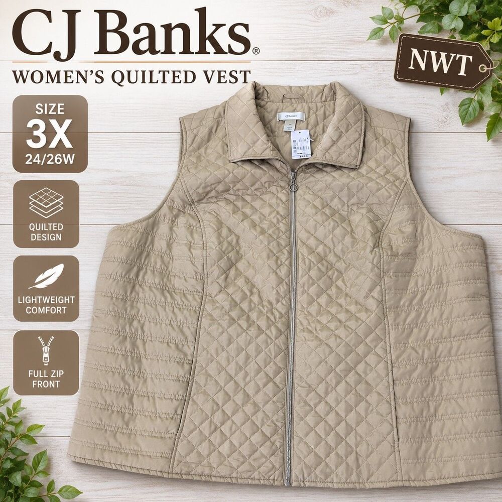 CJ Banks Women's 3X 24/26W Beige Quilted Vest NWT Full Zip Lightweight